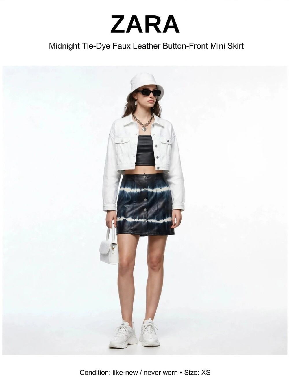 ZARA Midnight Tie-Dye Faux Leather Button-Front Mini Skirt